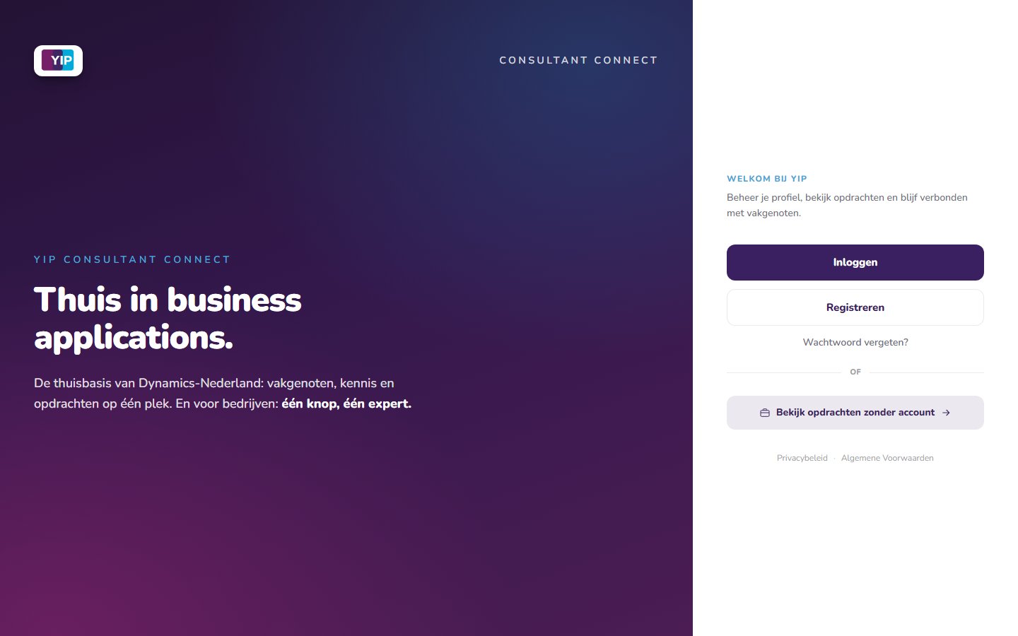 The Connect login page: a purple welcome panel reading "Thuis in business applications." next to sign-in and register buttons