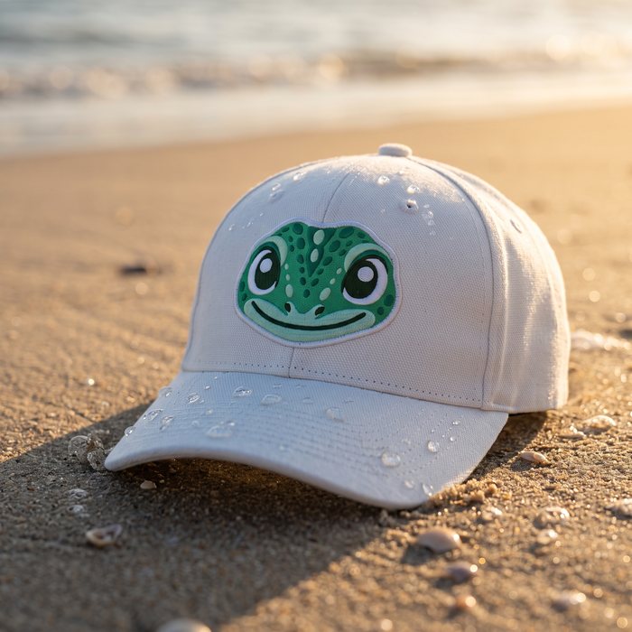 Gecko felt patch on a white cap