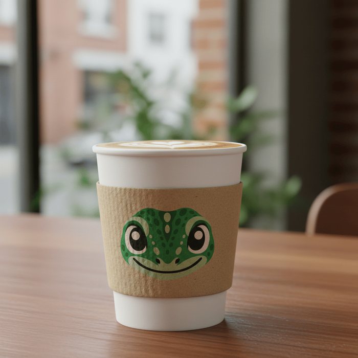 Coffee cup with a kraft sleeve printed with the gecko face