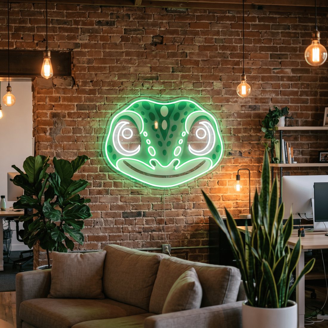 Green neon sign of the Tokek gecko face on a brick wall
