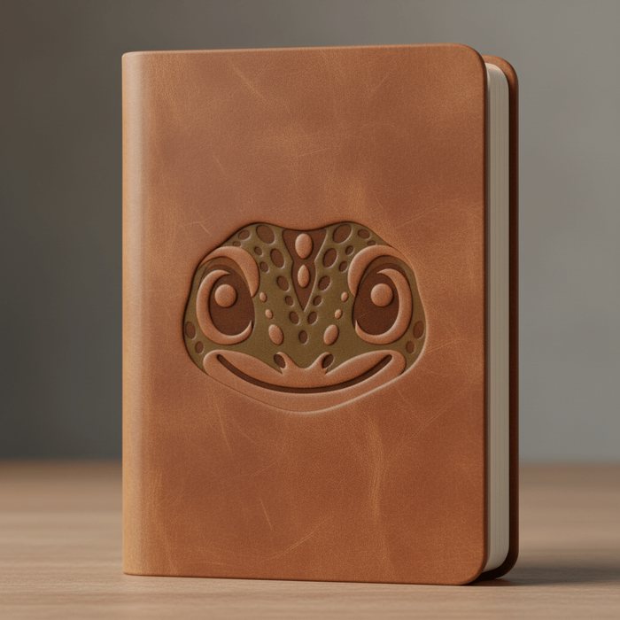 Leather notebook with an embossed gecko face