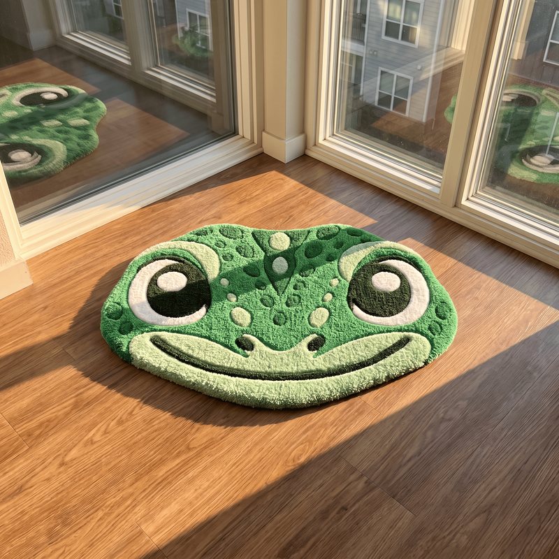 Green tufted rug shaped like the gecko face