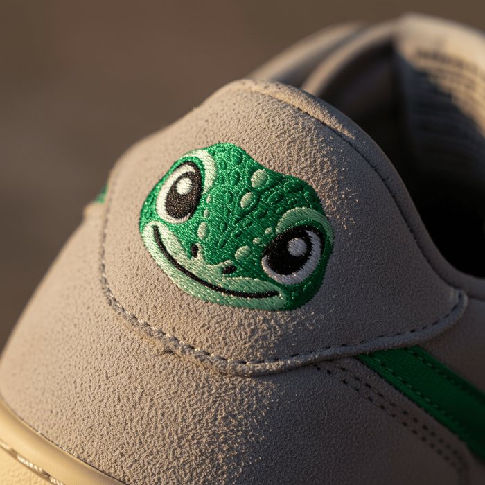 Sneaker heel with an embroidered gecko face